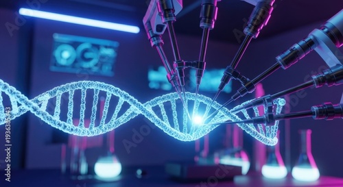 Science Lab of the Future: The image presents a futuristic science lab. Highlighting the cutting-edge technology and precision of the tools employed in the manipulation of genetic material.
