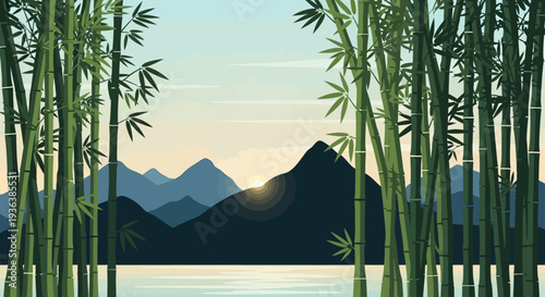 Bamboo Forest Sunrise Over Mountains and Lake