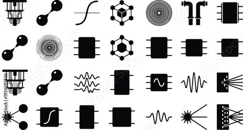 Various scientific and technological icons are presented in a grid layout against a white background for easy identification and conceptual representation.