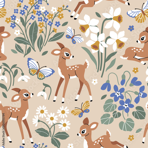 Cute Easter deer with bow and spring flowers. Hand drawn floral background. Seamless vector pattern with fawn and butterfly.