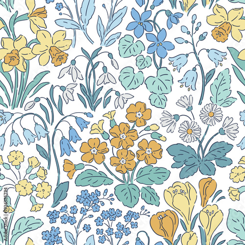 Seamless vector pattern with spring flowers. Hand drawn liberty floral design on isolated background. Snowdrop, crocus, hyacinth, primrose, daffodils, bluebell and violet.