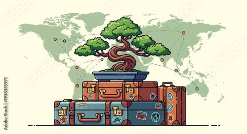 Bonsai Tree Luggage World Map Travel Concept