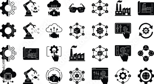 Diverse collection of technological icons representing industry automation and digital innovation with clean black outlines on white.