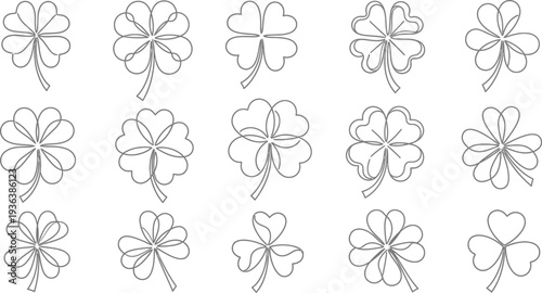 A collection of vector line art clover and shamrock illustrations showcasing various continuous one line drawing styles perfect for Saint Patrick's Day celebration designs.