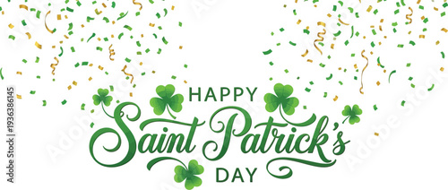 Festive vector graphic illustration celebrating happy Saint Patrick's Day with lush green shamrocks and falling confetti accents