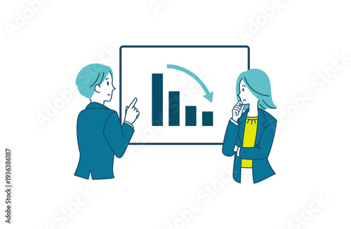 右肩下がりのグラフを見て分析する男女のイラスト