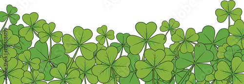 A vibrant and fresh vector graphic illustration presenting a lush border of green shamrock and clover leaves, perfect for spring or St. Patrick's Day designs.