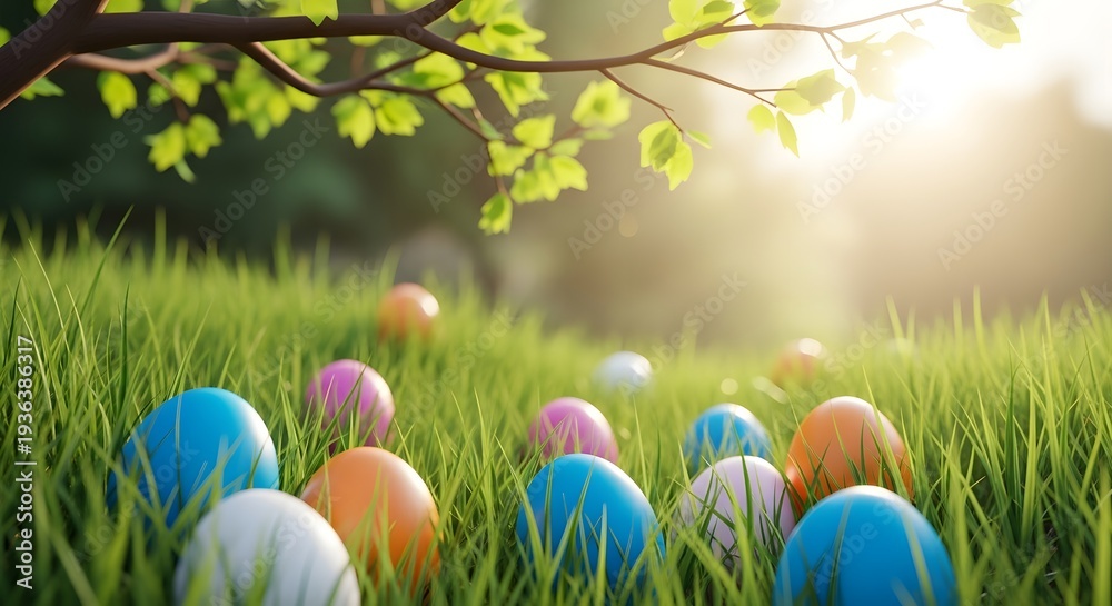 Fototapeta premium Easter day celebration with colorful eggs in a sunny meadow