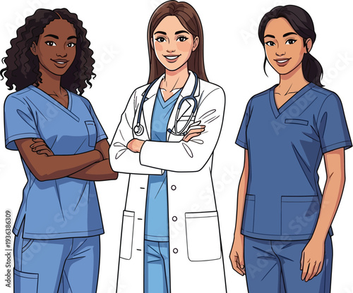 Diverse team of three confident medical professionals including a doctor and nurses standing together as a strong healthcare graphic illustration