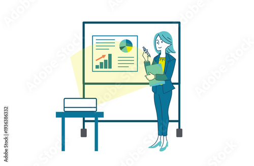 プロジェクターで資料投影してプレゼンをする女性のイラスト