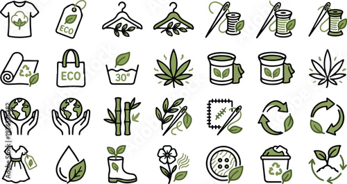 Collection of flat vector icons illustrating eco friendly sustainable clothing and environmental concepts with natural green and black line art.