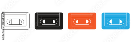 A set of four simple flat icons representing vhs tapes in outline, black, orange, and blue colors on a white background, perfect for retro media and technology themes.