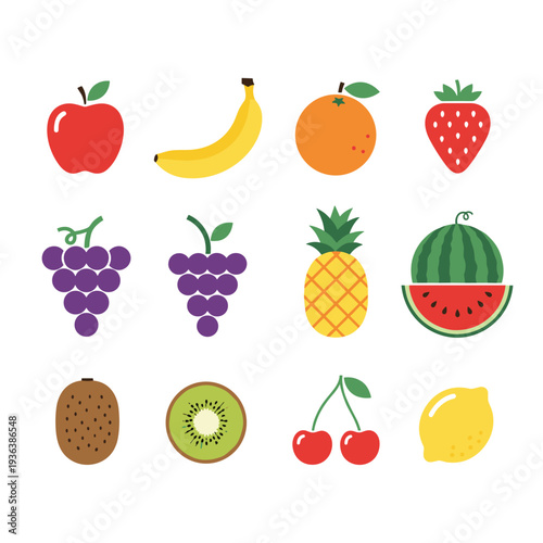 Vector illustration set of fresh fruits and berries including apple strawberry orange banana grape watermelon pear lemon pineapple and other healthy fruit icons