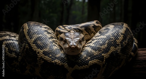 Close up of a coiled snake with patterned scales against a dark background