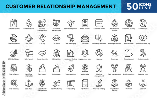 Customer Relationship Management icons set with customer profile, contact details, account management, customer segmentation, lead management, client history, customer notes icon. Simple line vector 
