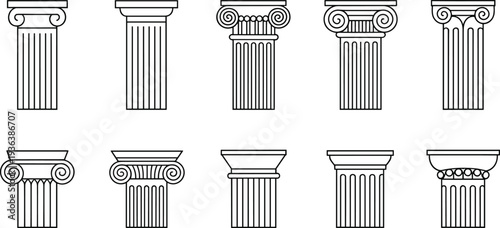 Ancient column capitals set, Greek Roman architectural orders collection, Ionic Doric Corinthian styles, outline vector illustration
