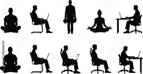 Business people silhouette set, office work and meditation poses collection, professional lifestyle activities icons, vector illustration