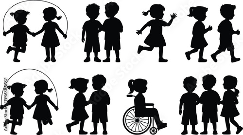 Children silhouettes set, kids playing running jumping collection, childhood friendship activity scenes, black vector illustration