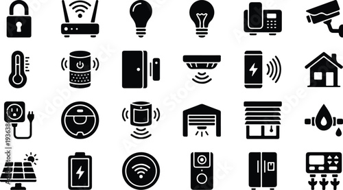 Collection of black icons representing smart home technology elements including security, automation, and energy management devices.
