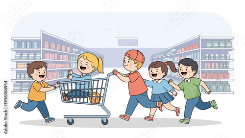 Group of happy children playing with a shopping cart in a well-stocked grocery store aisle under bright supermarket lighting during a fun trip.