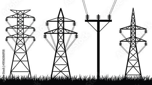 Electric power transmission towers set, high voltage electricity pylons collection, energy infrastructure concept, black silhouette vector illustration