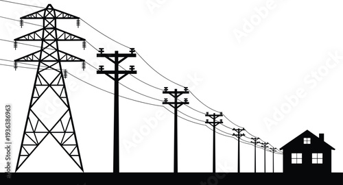 Electric power transmission silhouette, high voltage lines to residential house, electricity distribution infrastructure concept, black vector illustration