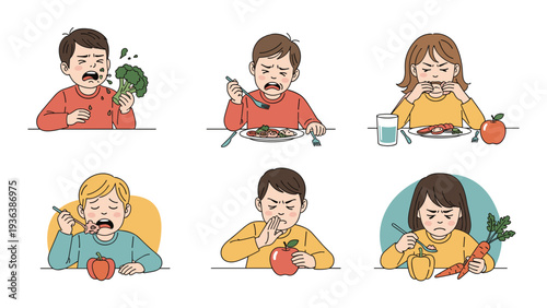 Various illustrations of young children expressing strong dislike and refusal while being offered different types of vegetables at mealtime.