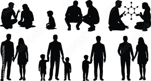 Family interaction silhouettes collection, parents and children communication poses set, parenting relationship bonding scenes, black vector illustration