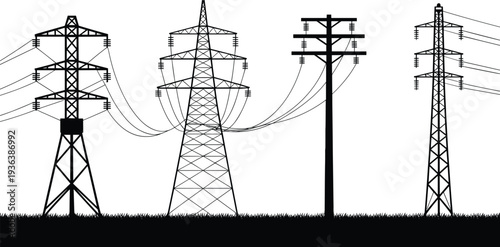 Electric transmission tower silhouettes, high voltage power line structures, energy distribution infrastructure concept, black vector isolated illustration