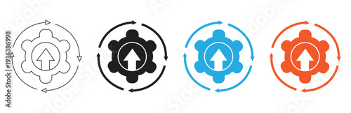 A set of four gear icons with circular arrows indicating progress and an upward arrow symbolizing growth or upload in various styles and colors for diverse design applications
