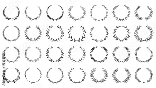 Large set of black and white laurel wreath designs in various styles and leaf densities for use as decorative border elements and awards.