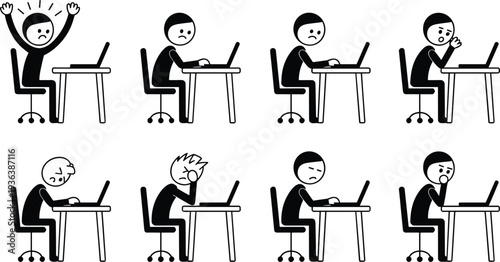 Frustrated office worker at laptop set, stressed businessman emotions collection, tired employee working poses, black white vector illustration