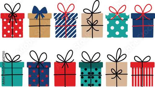 Gift box icons collection, colorful wrapped present packages set, festive celebration and holiday decoration elements, flat vector illustration