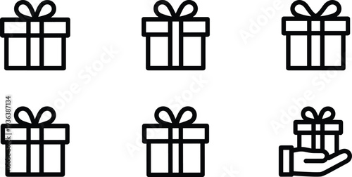 Gift box outline icon set, present package line symbol collection, holiday celebration design elements, black vector isolated illustration