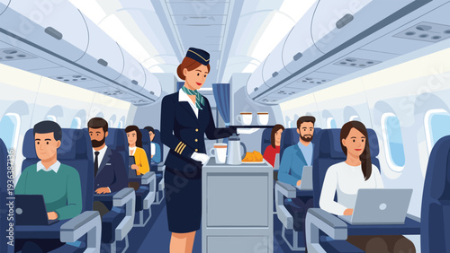 Flight attendant serving coffee and snacks to passengers sitting in their seats on a modern commercial airplane during a long distance flight.