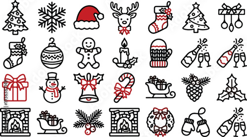 Diverse collection of festive christmas icons arranged in a grid, featuring trees, stockings snowflakes santa hats reindeer ornaments gingerbread men candles mittens champagne bottles with