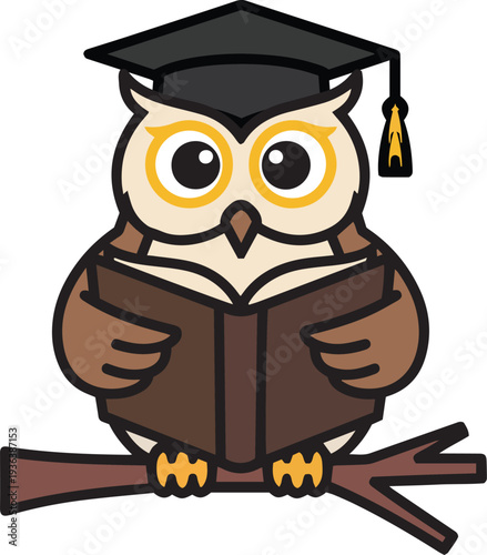 Cute wise owl teacher wearing a graduation cap reading a book in cartoon vector style for education and learning theme