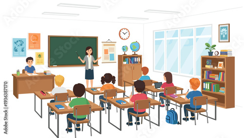 Teacher standing at the front of a classroom using a pointer to instruct a diverse group of students sitting at their desks during a lesson.