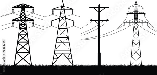 High voltage power lines set, electric transmission towers collection, energy grid infrastructure concept, black silhouette vector illustration
