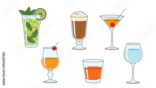 Assortment of colorful alcoholic and non-alcoholic drinks and cocktails served in different glassware styles for a festive party setting.