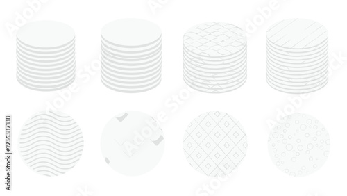 Set of round cotton pads with various surface textures and patterns used for skincare and makeup removal shown in stacks for beauty care.