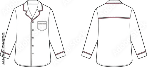 Long Sleeve Pajama Shirt CAD Drawing Flat Vector Illustration, Front and Back Technical Fashion Template Sleepwear Top Design