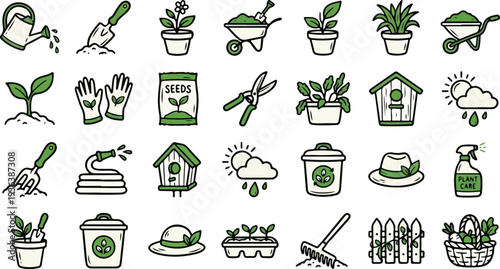 Collection of hand drawn gardening icons featuring plants, tools, and supplies used for planting and care.