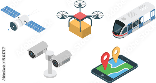 Modern technology and smart transportation isometric vector illustration set with satellite drone metro train CCTV cameras and GPS navigation icons