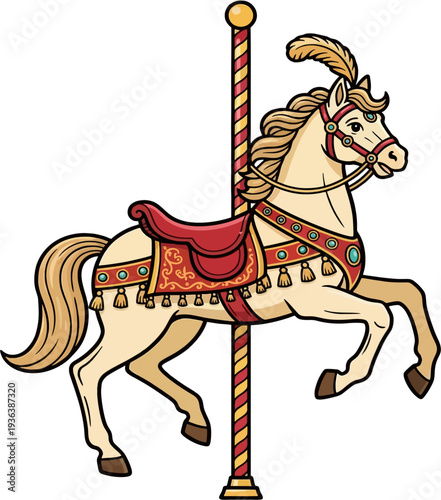 Elegant Cartoon Carousel Horse with Red Saddle, Tassels, Feathers and Gold Ornaments on Striped Pole Merry Go Round Vector Illustration