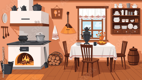 Charming traditional rustic kitchen interior featuring a large hearth, a table set for tea, and various folk art decorations in a rural home.