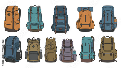 Collection of rugged hiking backpacks and camping rucksacks in various sizes and colors designed for outdoor adventures and long distance travel.