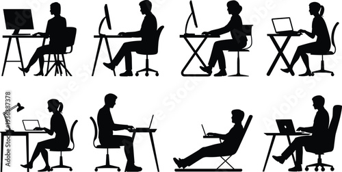 Office workers using computers and laptops, workplace productivity silhouettes collection, modern corporate workspace concept, business technology vector illustration