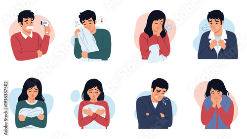 Set of characters experiencing various symptoms of illness such as fever, coughing, sneezing, and shivering while holding tissues.