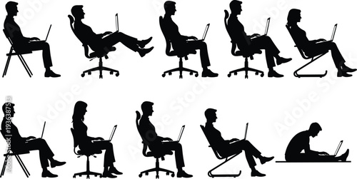 People working on laptop silhouettes set, men and women sitting with computers collection, modern office lifestyle, vector illustration